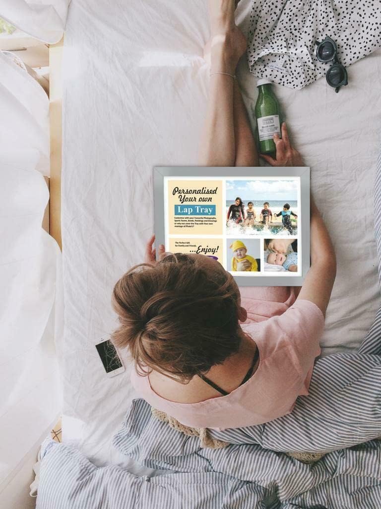 Personalised Wooden Lap Tray Breakfast, Food, Laptop Table with Bean Bag Soft Cushion Padded Compact in Gift Pack Wood Beanbag Support Tray Camping Caravan Bed Tray Photo Frame (Grey)