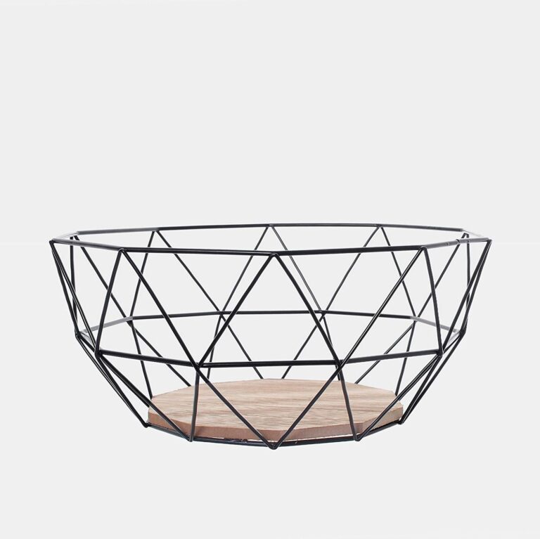 Fruit Bowl Wire Fruit Basket for Kitchen Countertop Fruits and Vegetables Holder Geometric Design Kitchen Bowl Garage Camping Bowl Wood Base Bowl Lightweight