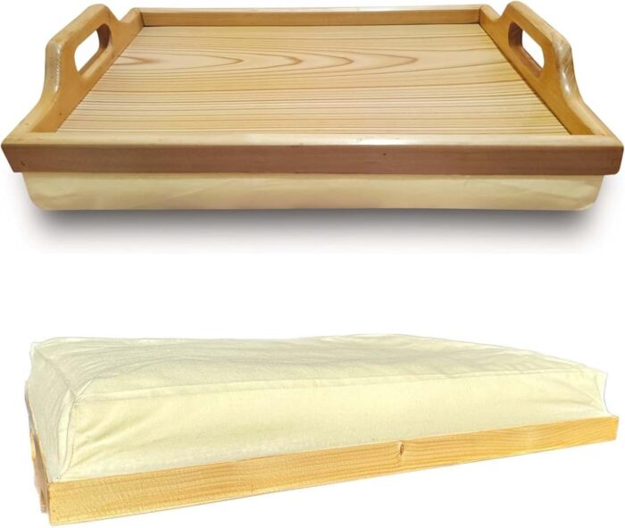 Natural Wooden Theme Lap Tray With Cushion Bean Bag Wood Design With Carrying Handles, Breakfast, Dinner, Laptop, TV, Food, Compact Lightweight, Easy Serving Tray